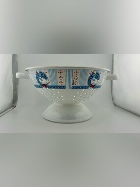 White Enamel Pedestal Colander with Blue & Red Farmhouse bow Goose Motif